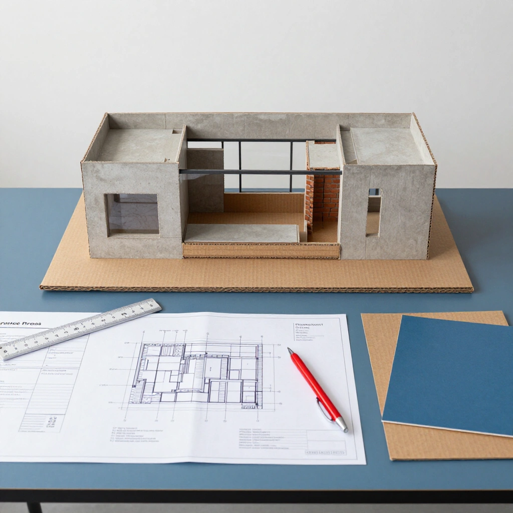Architect desk with stamped permit drawings, site plan, scale ruler and a cardboard massing model
