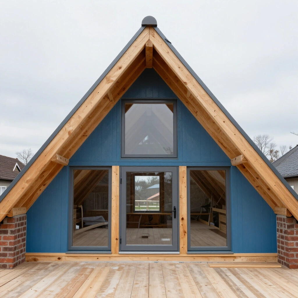 Attic conversion under a steep gable with exposed rafters and new roof windows