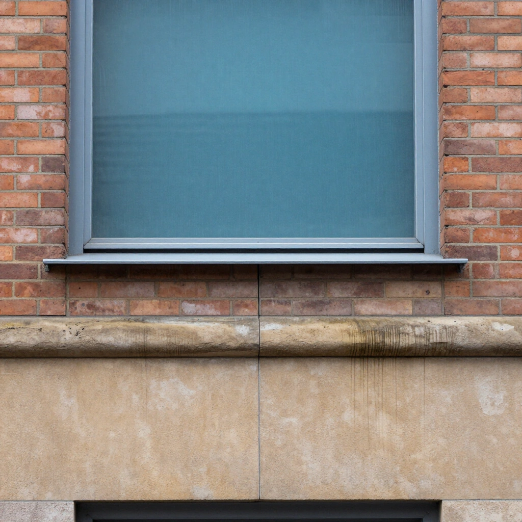 Close view of a layered facade showing sandstone plinth, aluminium reveal and weathering streaks