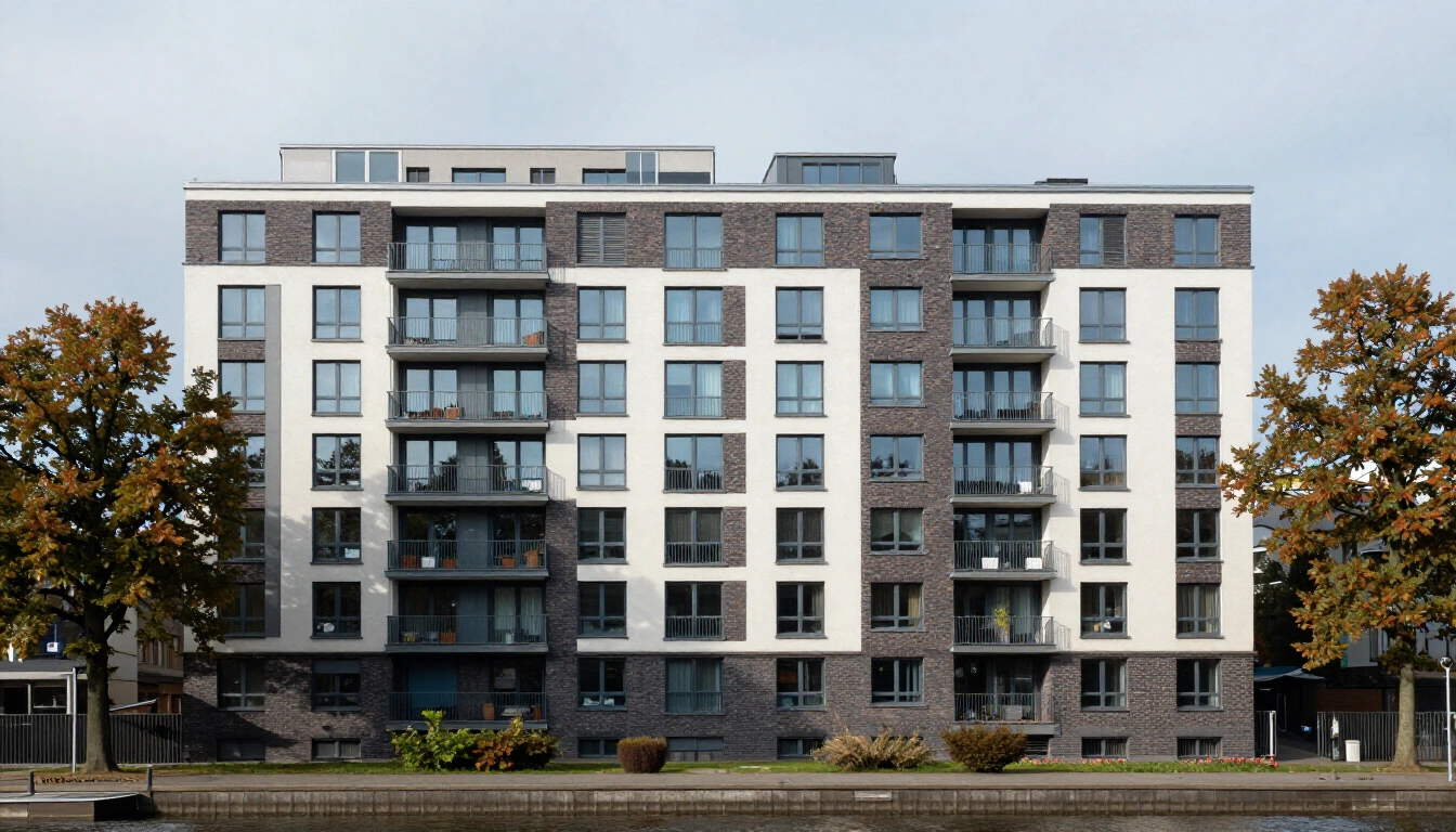 Frankfurt riverside apartment block with deep window reveals in dark brick and pale render