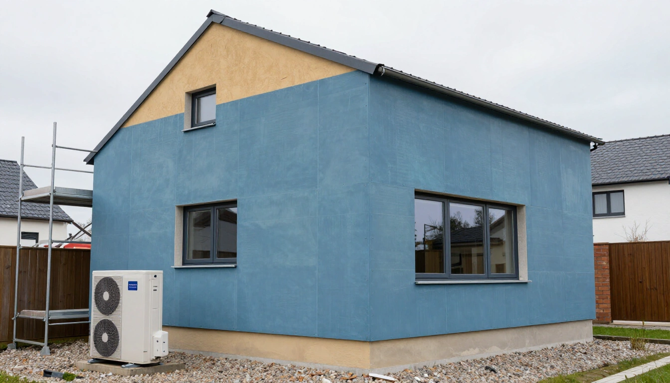 House half covered in external wall insulation with an air source heat pump standing on gravel