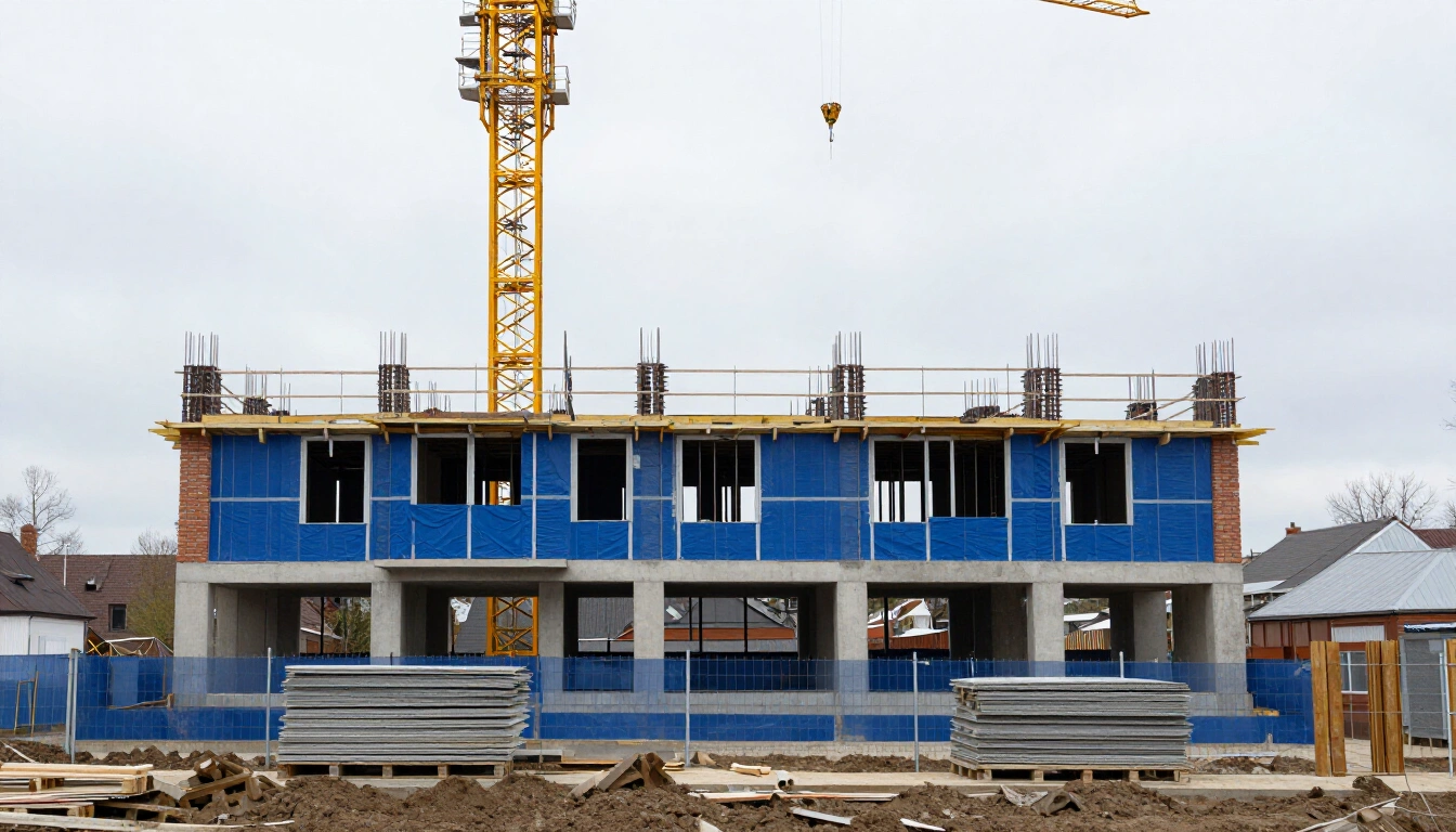 New build shell under construction in Frankfurt with tower crane, stacked slabs and insulation pallets