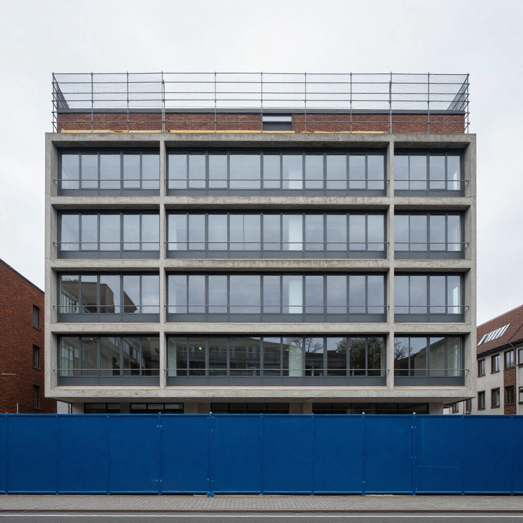 Postwar Frankfurt office block under retrofit with scaffold netting and stacked glazing units