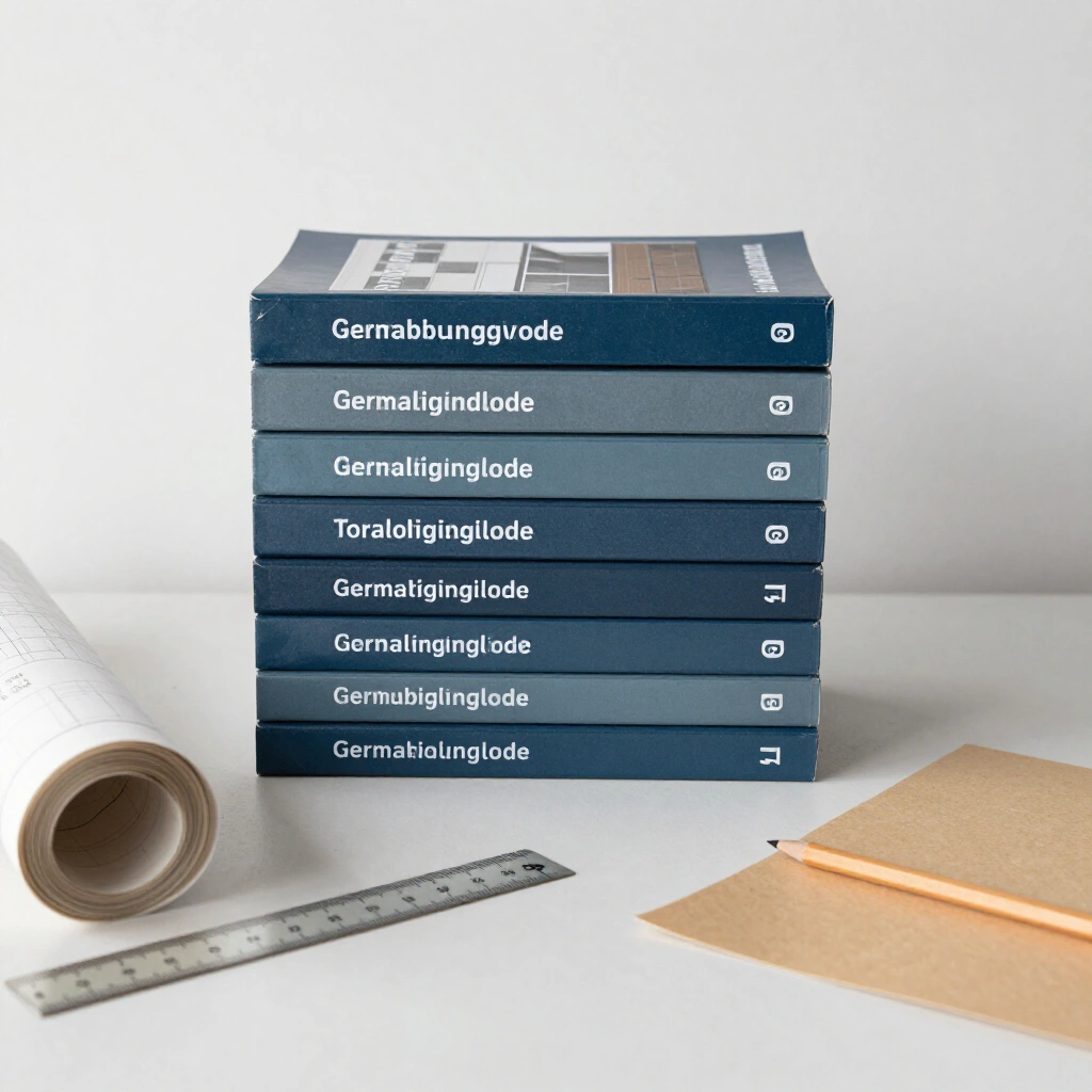 Stack of German building code volumes with rolled tracing paper and a scale rule on a desk